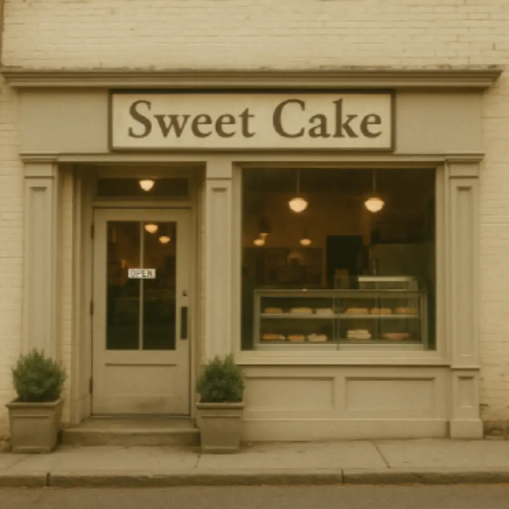 La entrada a Sweet cake en sus inicios, de estilo clásico, tiene una puerta de madera y un gran escaparate que muestra pasteles y postres en un mostrador interior. La pared del edificio es de ladrillo de color beige claro.